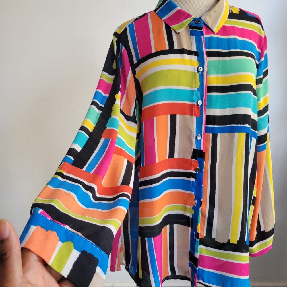 Spense Striped Button-Down Sheer Multi-Colored Bl… - image 8
